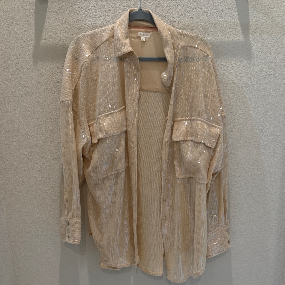 Pilcro Button Down Sequined Top in Champagne